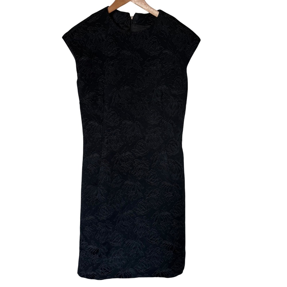 Vintage Floral Jacquard Black Sheath Dress Women Small Black Excellent Elegant